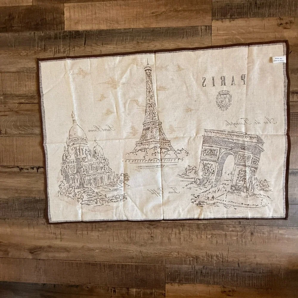 French Themed Tea Towel Brown Cream 20 X 18 France Cotton